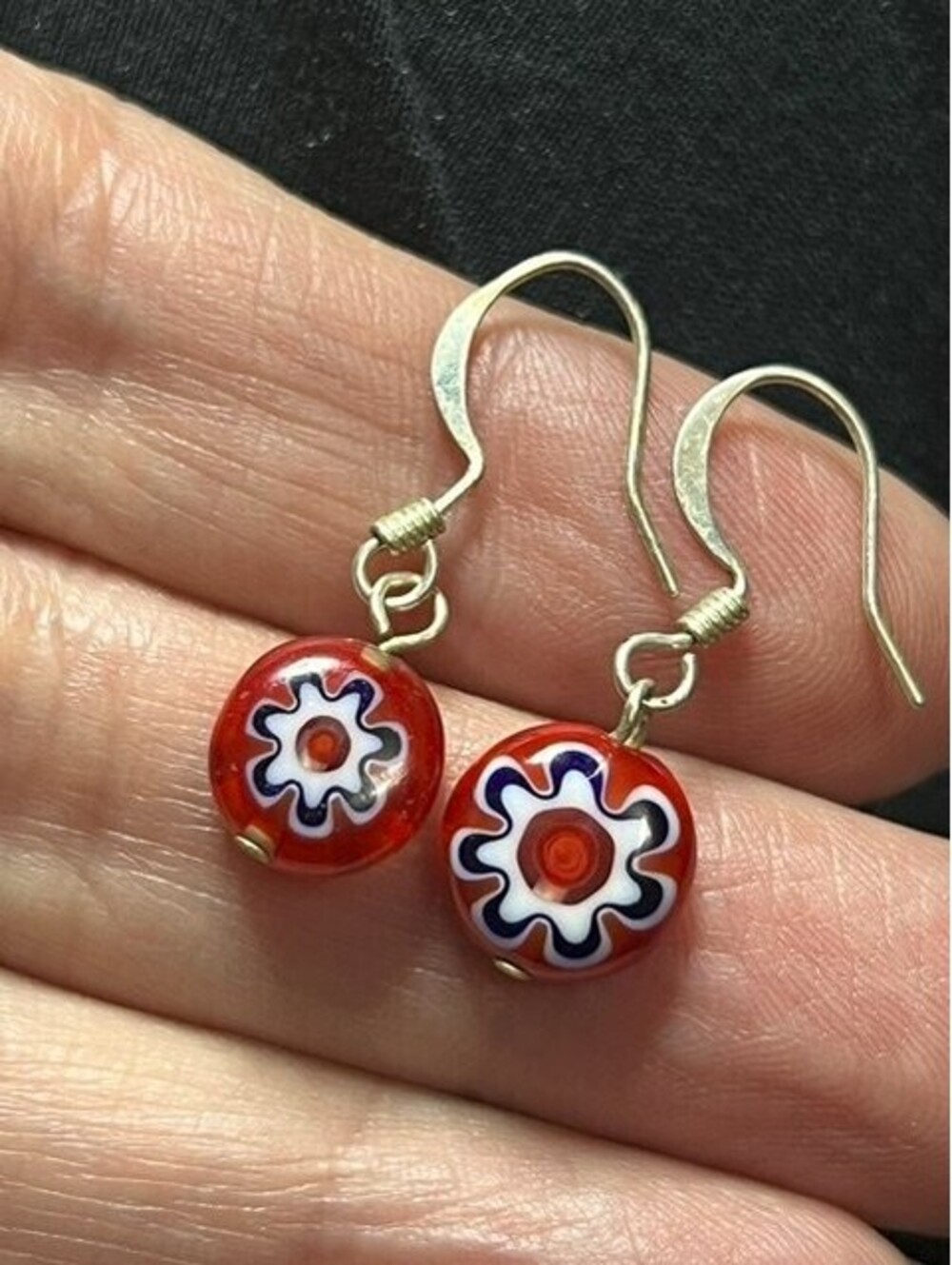 B7059 Sterling Silver Dangle Earrings 30mm Millefiori Glass Floral boho